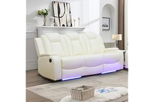 Caberryne Power Recliner Sofa Set with LED Lights,Leather Reclining Sofa with Double Recliner/USB Port/Wireless Charger/Cup Holder,Living Room Furniture for House/Home Theater(3 Seater Sofa,Creamy)