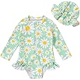 Infant Baby Girl Swimsuit One-Piece Long Sleeve Rash Guard with Hat Set Floral Zipper Bathing Suit Leopard Beach Wear