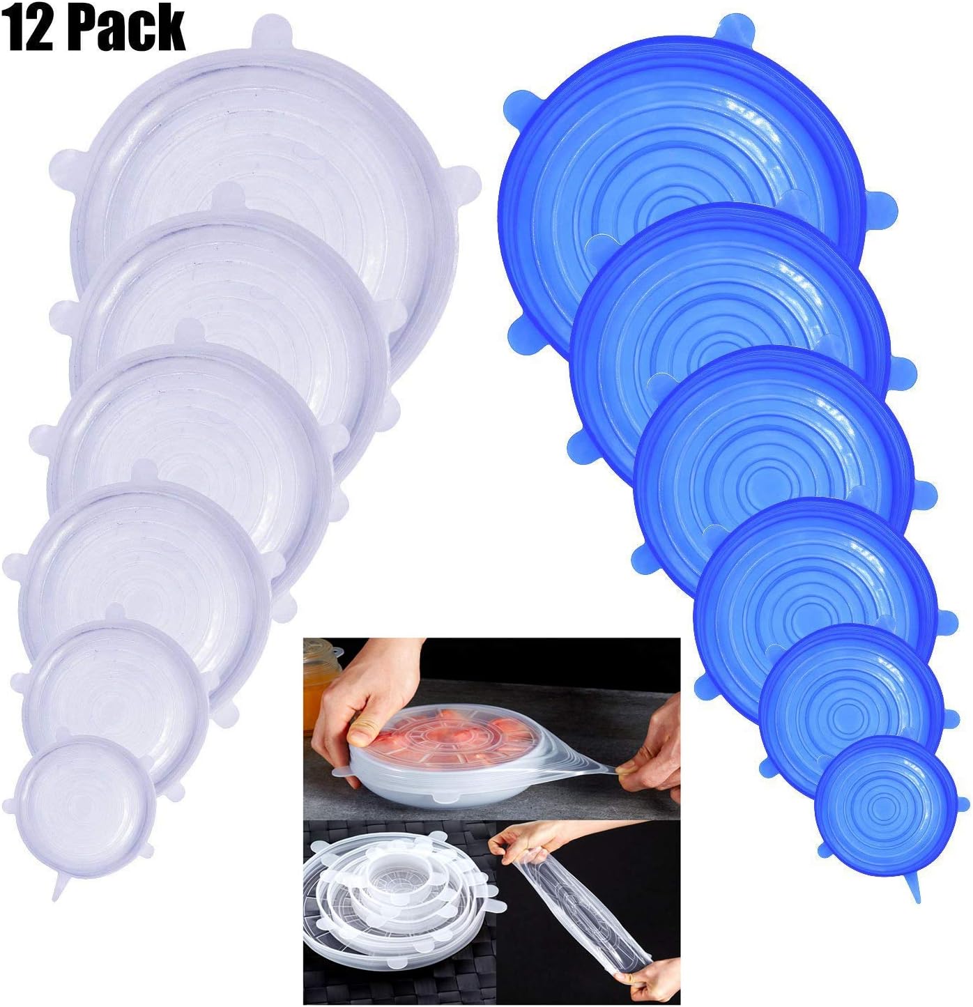 ZINUO Silicone Stretch Lids, 12pcs Silicone Food Covers Reusable, BPA Free and Expandable to 6 Different Sizes lids Fit Various Shape of Containers, Suitable for Microwave/Oven/Fridge/Dishwasher