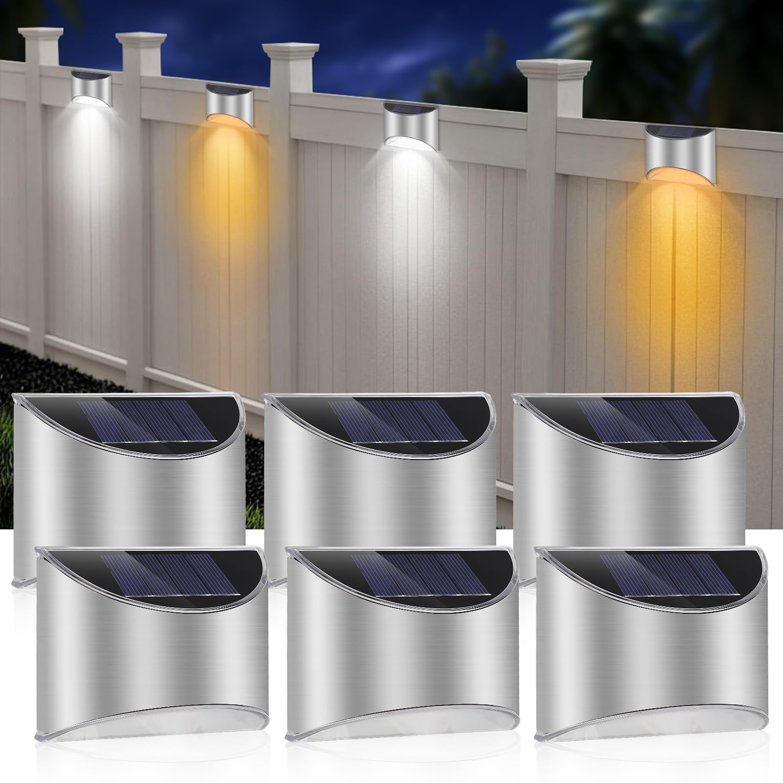 NEWNEN Stainless Steel Solar Wall Lights: Solar Garden Fence Lights Outdoor Waterproof for Patio Fence Pathway Driveway House Front Door Outside - 6 LEDs, 3 are for Cool White and 3 for Warm White