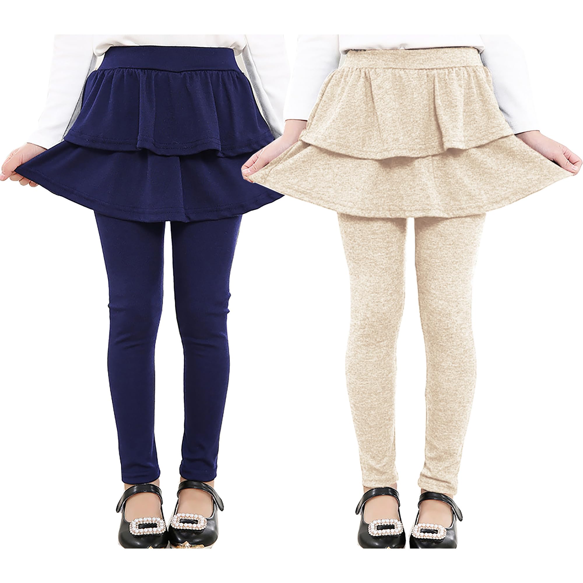 RieKet Girls School Uniform Pants Warm Stretchy Athletic Leggings with Skirt 2-14 Years Navy Blue Khaki 2 Pack 7-8 Years Image
