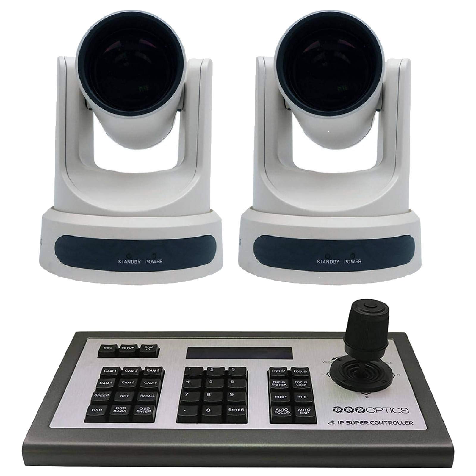 2 PTZOptics 12X-NDI Broadcast and Conference Cameras, White with PTZOptics 4D IP Joystick Controller