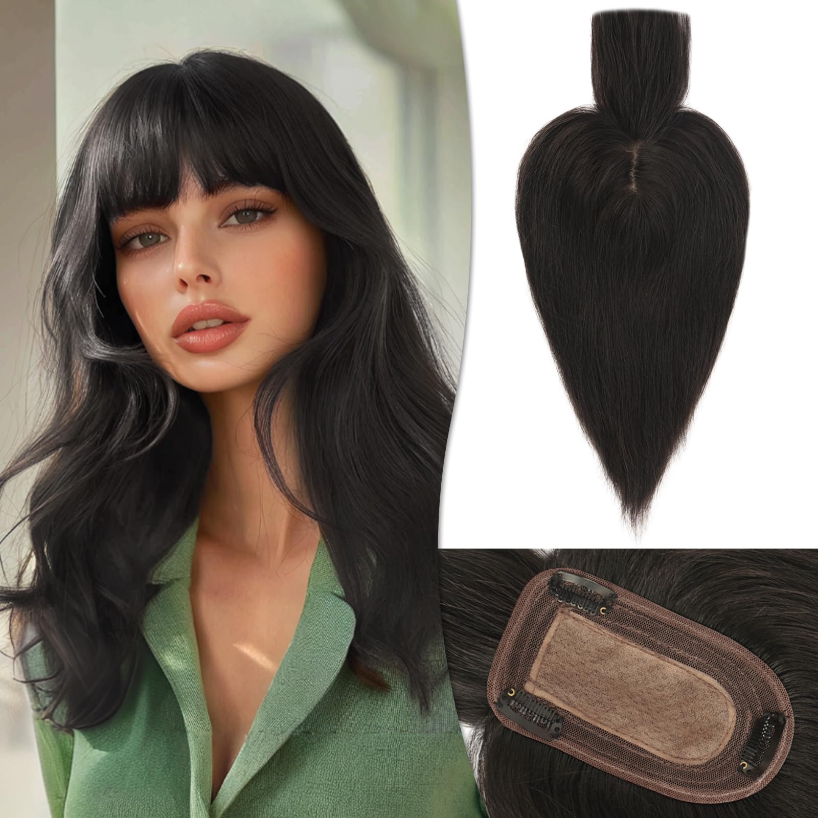 RUWISS Human Hair Topper with Bangs Crown Topper Hair Pieces for Women Short Wiglet Topper for Thinning Hair 7.5 * 13CM Silk Base 100% Real Human Hair Clip in Topper 12Inch 40g（Natural Black）