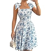 GORGLITTER Women's Floral Print Tie Shoulder Sleeveless Flowy Dress Square Neck Smocked Short Summer Dress