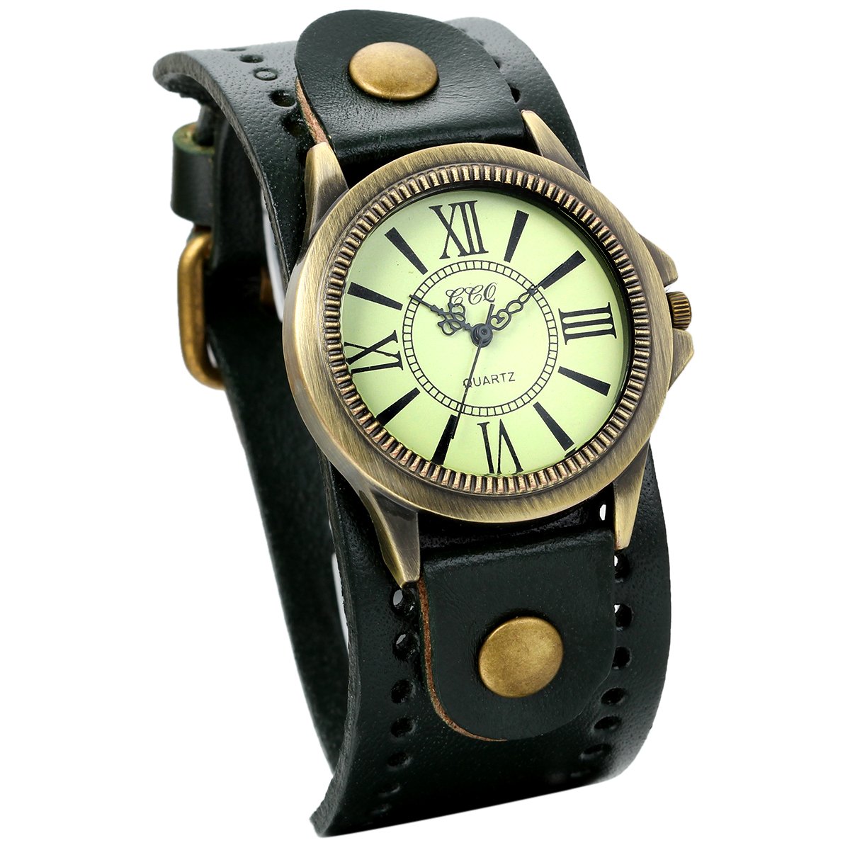 JewelryWe Vintage Leather Strap Wide Band Wristwatch Cuff Quartz Watch for Men - Green