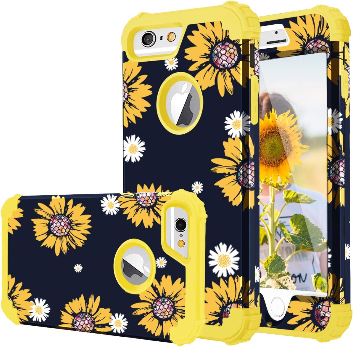 iPhone 6 Case, iPhone 6s Case, Fingic Sunflower 3 in 1 Heavy Duty Protection Hybrid Hard PC Soft Silicone Rugged Bumper Anti Slip Full-Body Shockproof Protective Cases for iPhone 6s/6 4.7 inch, Yellow
