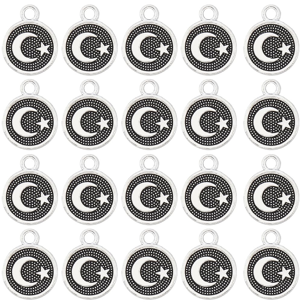 SUNNYCLUE 1 Box 100Pcs Silver Moon And Star Charms Crescent Moon Charm Bulk Tibetan Style Alloy Plated Beads Metal Round Charm for Jewellery Making Charms Supplies DIY Necklace Bracelet Earrings Adult