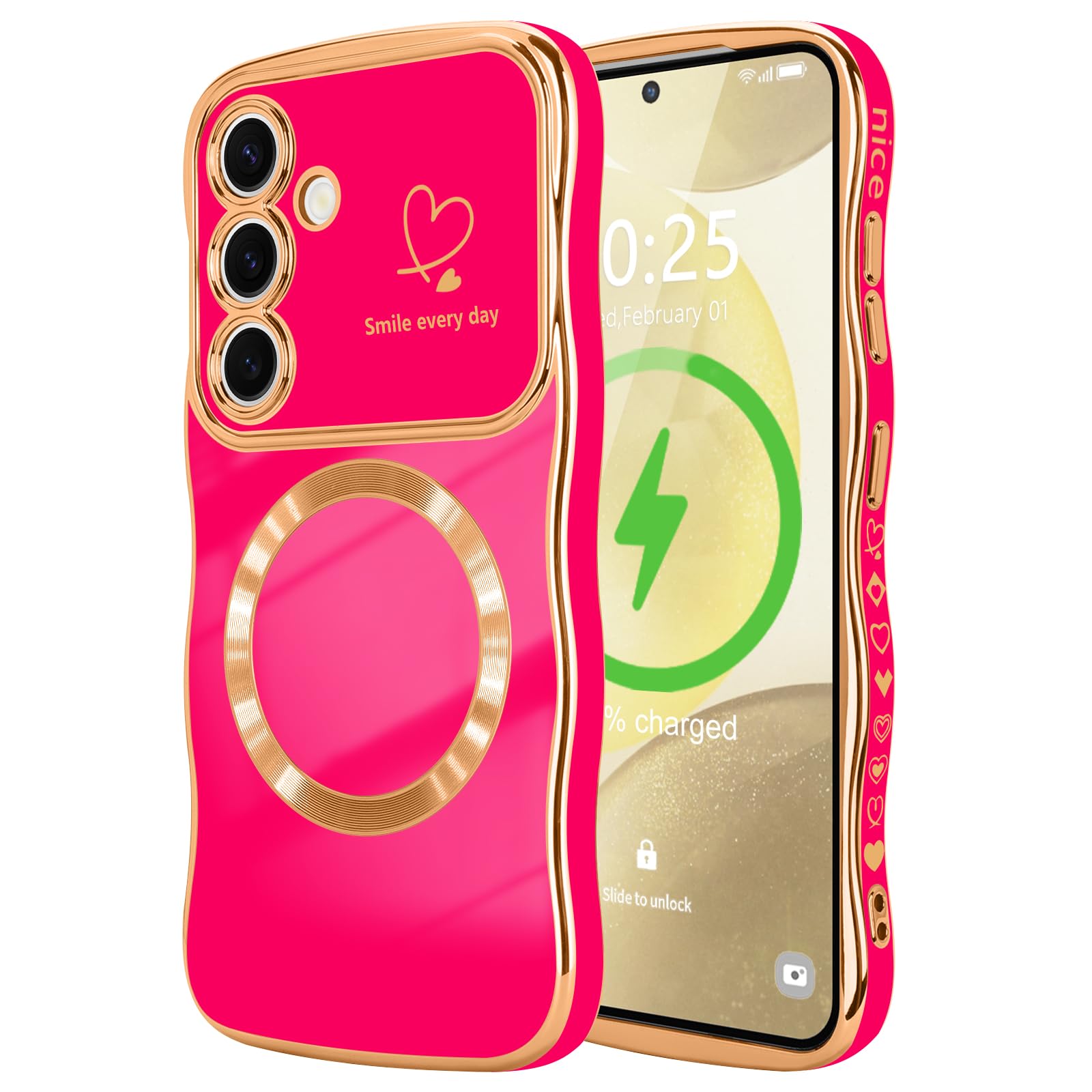 LCHULLE for Samsung Galaxy S24 FE Case for Women Girls [Compatible with MagSafe] Cute Curly Wave Shape, Magnetic Love Heart Pattern with Camera Lens Cover Luxury Plating Shockproof Phone Case,Hot Pink
