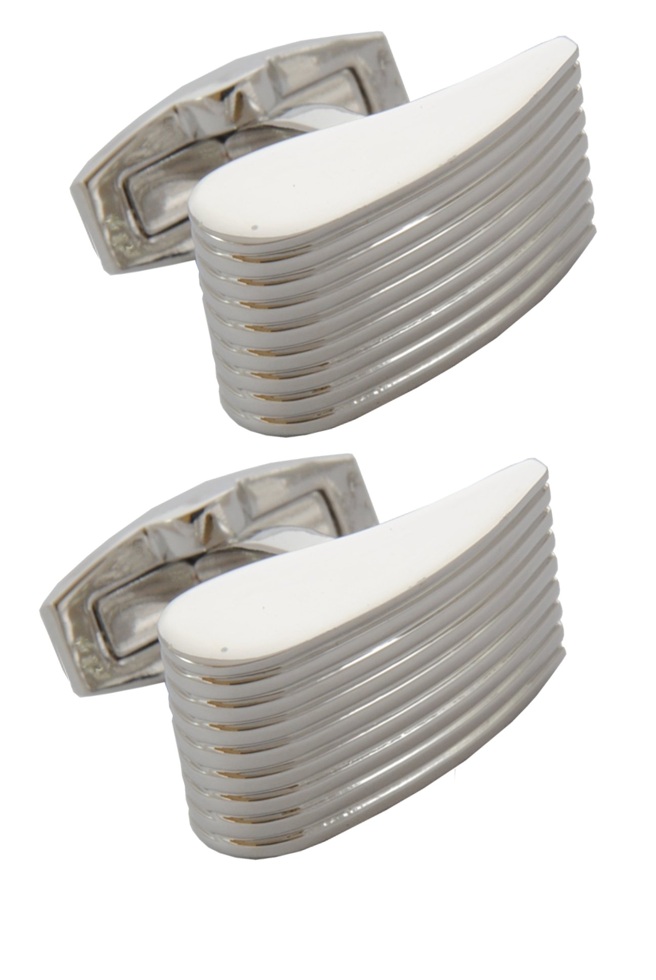 Cufflinks for Men + Presentation Box - Silver Colour - Ridged Silver Wedge - Solid Brass Metal - Elegant Classic Design - One Pair