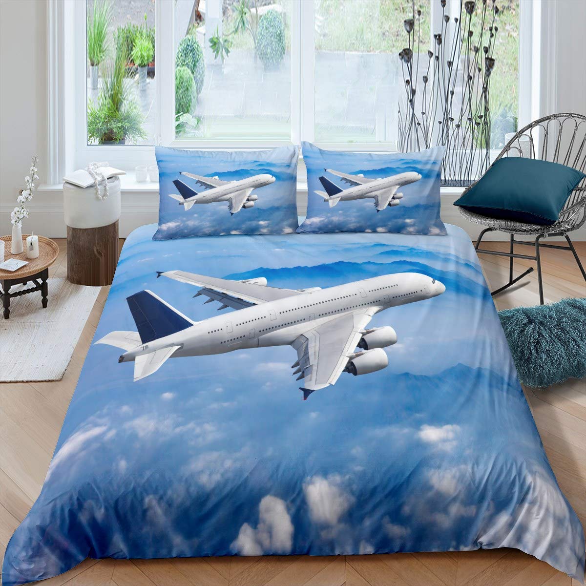 Loussiesd Aircraft Comforter Cover for Boys Kids Child Helicopter Print Bedding Set,Cartoon Airplane Flying Duvet Cover Blue Sky Nursery Flying Plane Travel Decor 2 Pcs Single Size