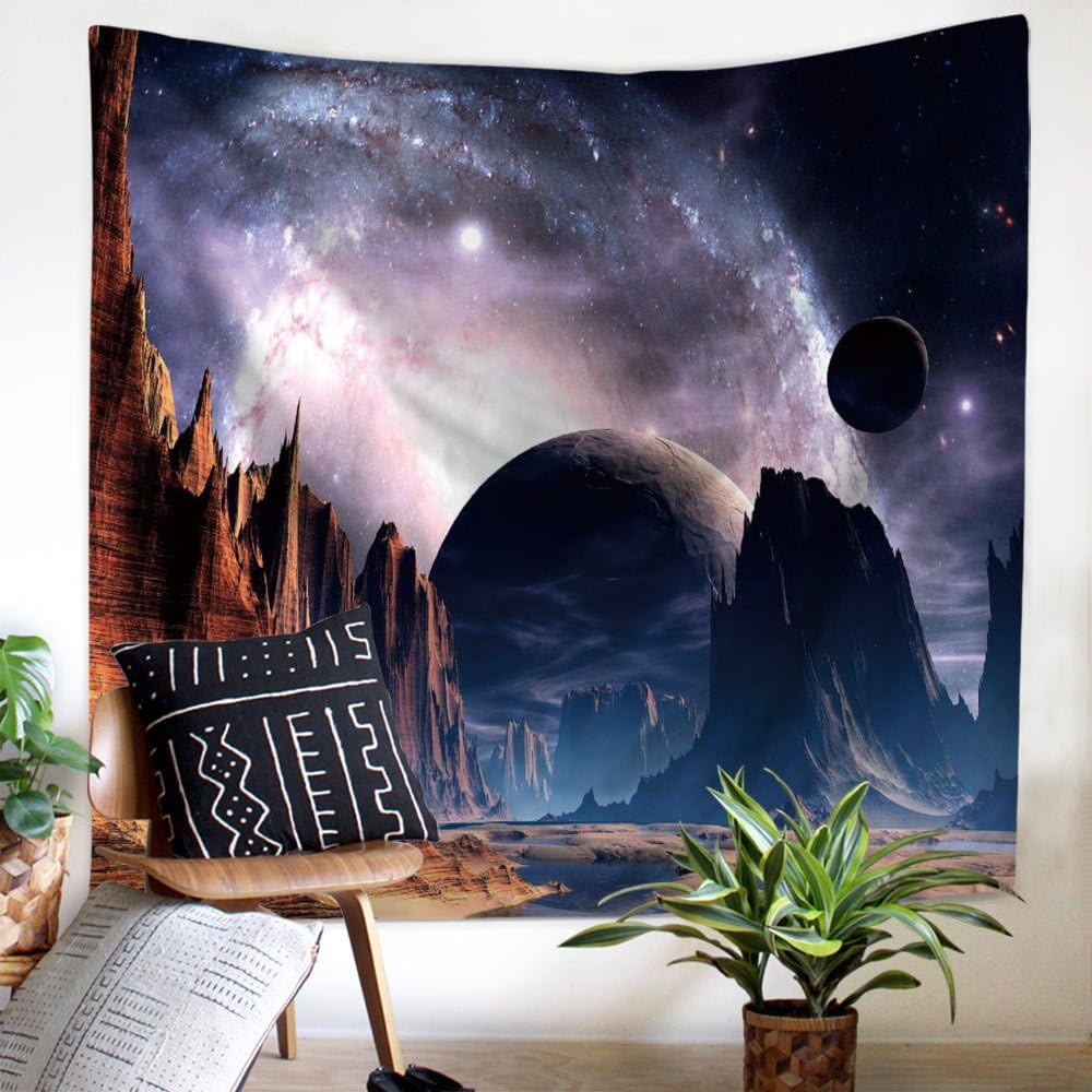 Roslynwood Wall Tapestry Hanging, Planet with Earth Moon and Mountains โ Light-Weight Polyester Fabric Wall Decor Galaxy#2