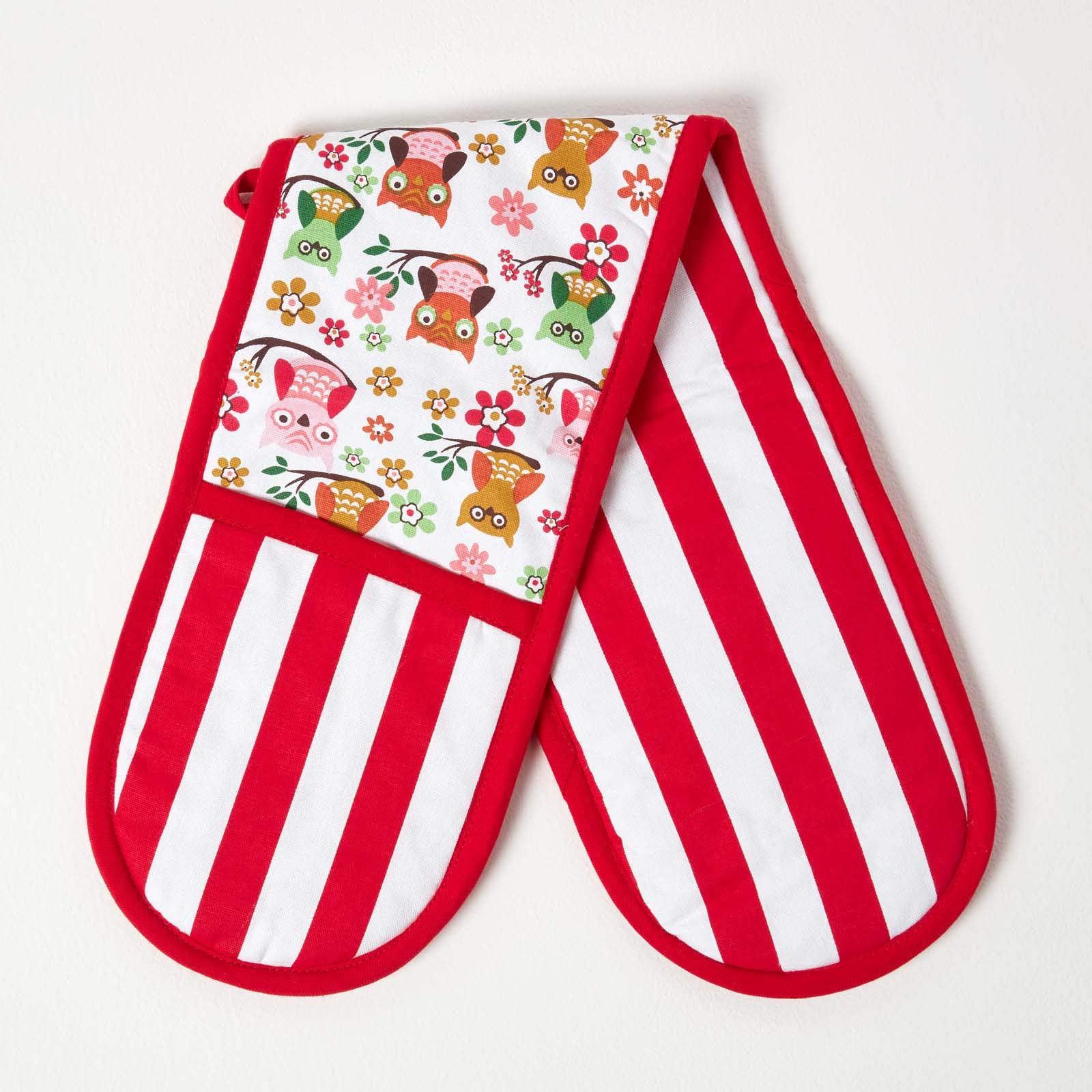 HOMESCAPES - Pure Cotton Double Oven Glove - Owls - Red Blue - 18 x 84 cm - Fully Coordinated Washable Kitchen Linen