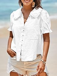 Tankaneo Womens Puff Sleeve Shirts Peter Pan Collar