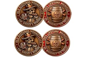 Old Bastards Whiskey Club – Sip, Swear & Survive, Old Bastard Whiskey Challenge Coin, Vintage Whiskey & Cigar Skull Coins for