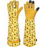 DLY Gardening Gloves for Women, Rose Gloves Gardening Thorn Proof, Long Garden Gloves for Women, Breathable Cowhide Leather Gauntlet (Medium, Yellow