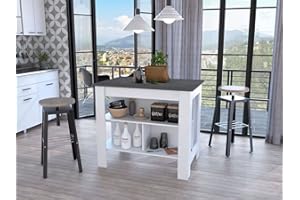 FM FURNITURE Brooklyn Kitchen Island, White, Surface Color Onix, with Three Uncovered Shelves. for Kitchen Room