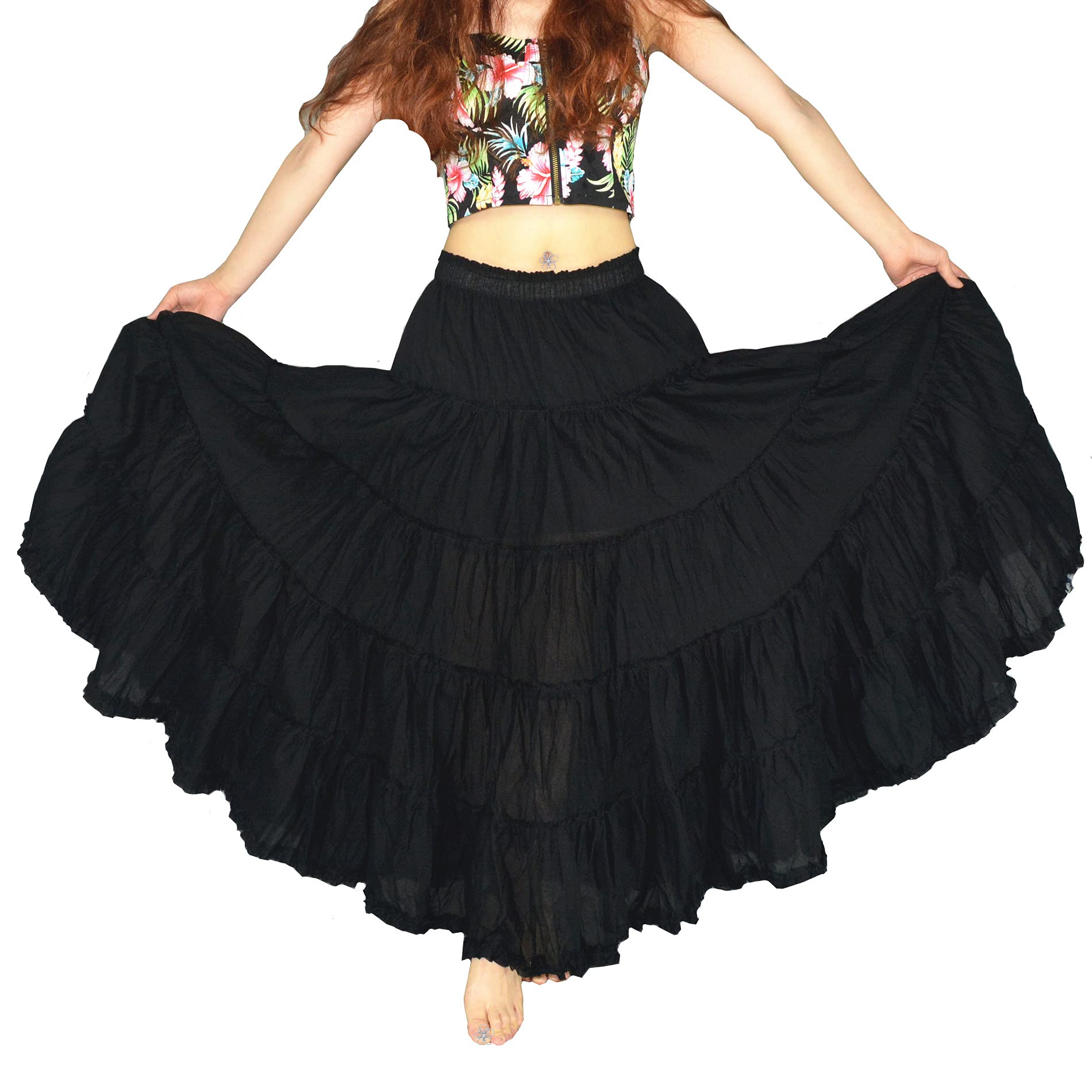 Photo 1 of YSJERA Women's Cotton 5 Tiered A Line Pleated Maxi Skirt Long Boho Gypsy Dance Skirts (XL,Black)