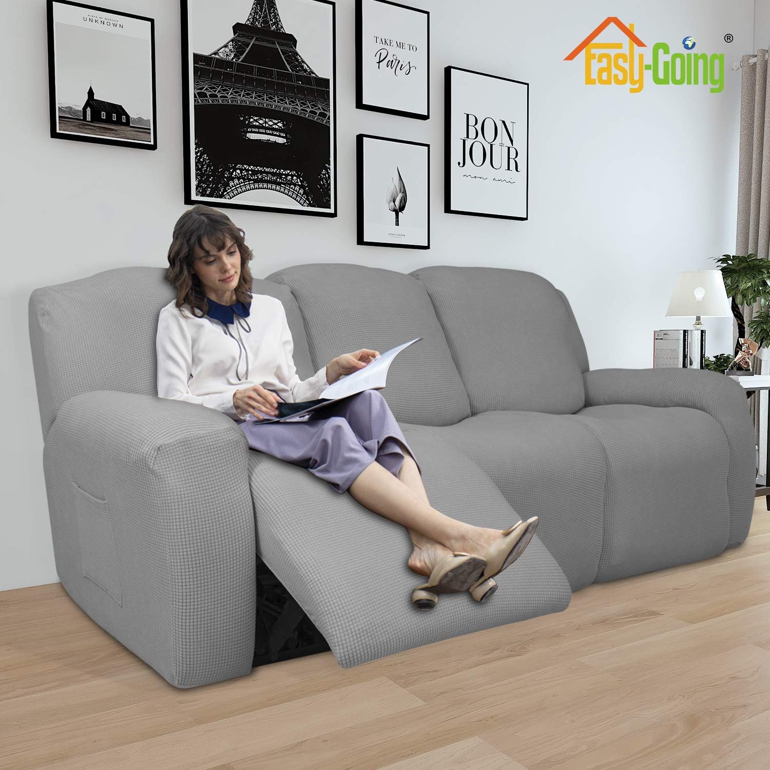 Easy-Going 8 Pieces Recliner Sofa Stretch Sofa Slipcover Sofa Cover Furniture Protector Couch Soft with Elastic Bottom Kids, Spandex Jacquard Fabric Small Checks Light Gray: Home & Kitchen
