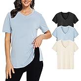 Showitty 3 Pack T Shirts for Women, Short Sleeve V Neck Basic Tees Loose Fit Cute White Black Tops for Casual Outfits