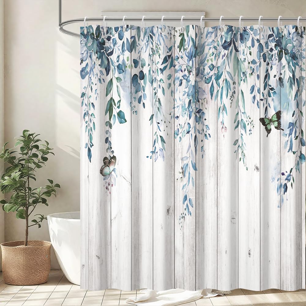 Uiiooazy Eucalyptus Shower Curtain, Blue Leaves Shower Curtain Wooden Borad Backgound Bath Curtain Mildew and Mould Resistant Waterproof Polyester Fabric Bathroom Curtain with 12 Hooks 180Wx180Hcm