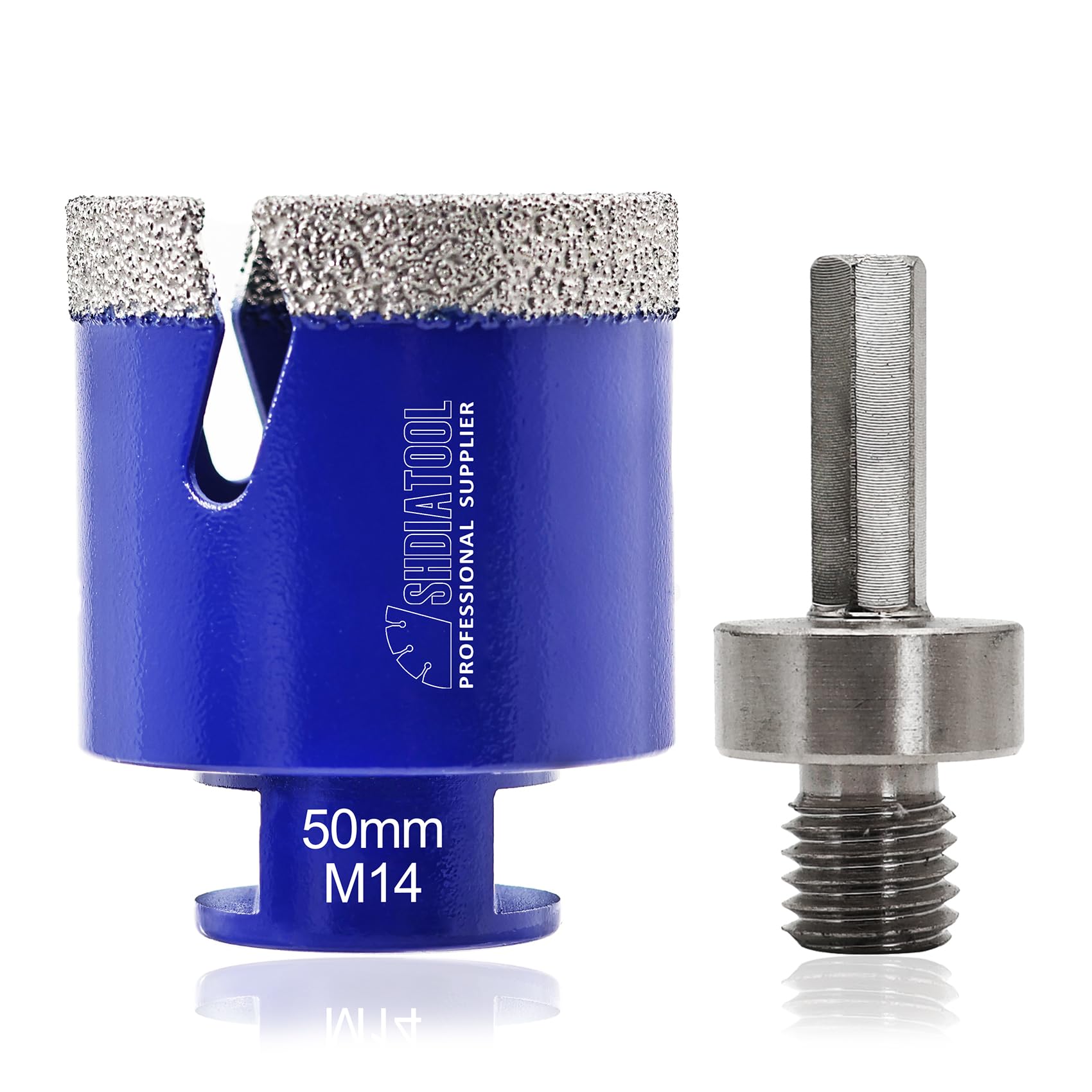 Diamond Tile Drill Bit Diamond Hole Saw Drill Bit - M14 for Tile Porcelain Ceramic Marble Granite Drill Holes, for Angle Grinders, 50mm and a Hex Shank Adapter