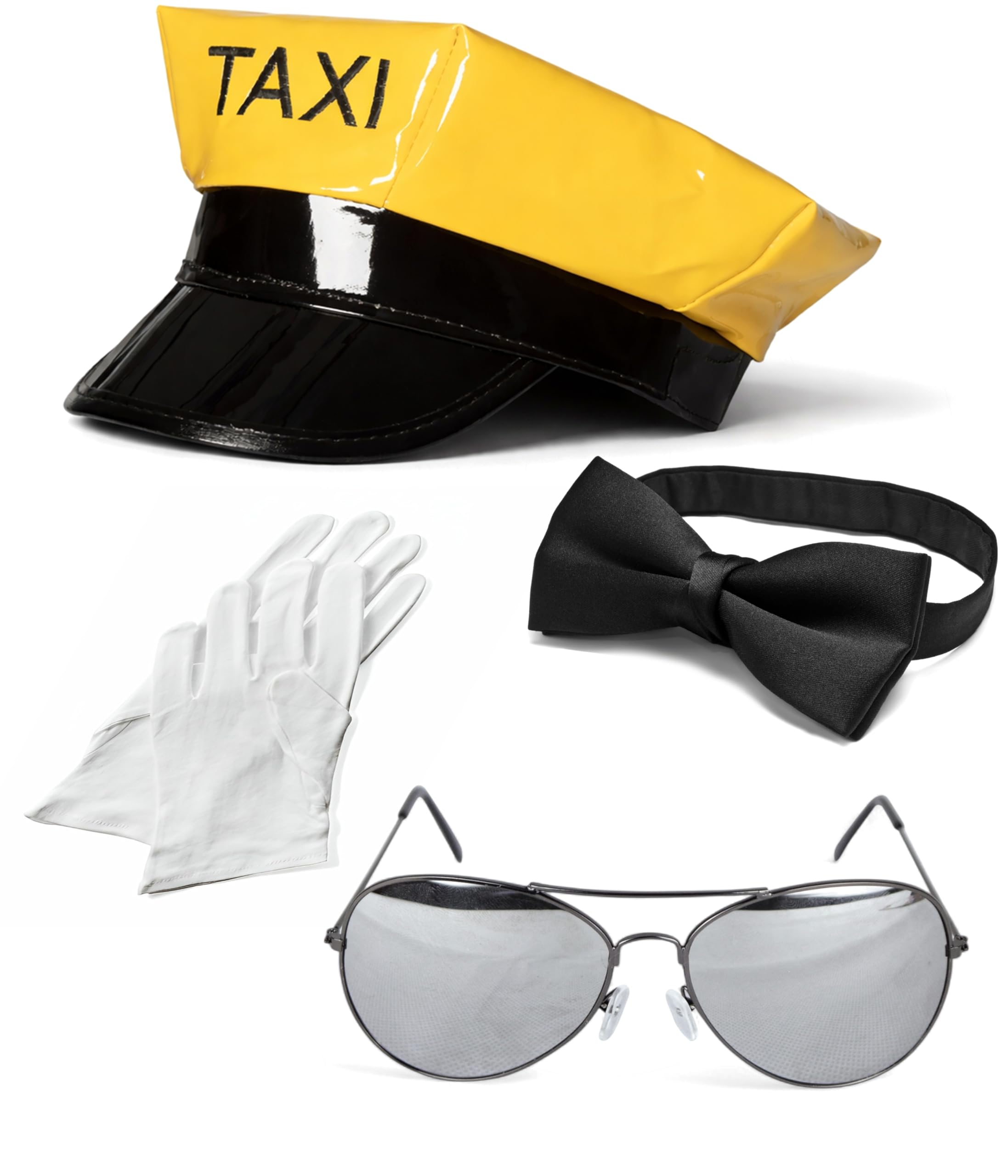 Mega_JumbleSale® Adult Unisex Chauffeur Hat/Cap, Bow Tie, Sunglasses and White Gloves - Taxi Driver Uniform Book Week Day Fancy Dress Accessory
