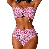 ShawGobow Boho Bandeau Bikini Sets,Floral Ruffle High Waisted Bikinis for Women,2 Piece Swimsuits Beach Pool Party