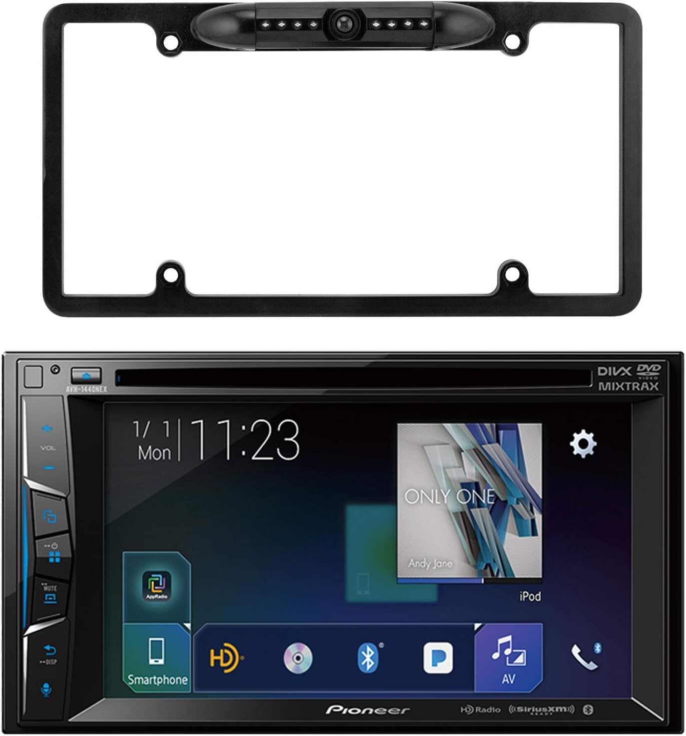 Pioneer 6.2" Double Din Bluetooth SiriusXM Ready DVD Receiver, Enrock Car License Plate Frame Rear View Backup Waterproof Camera