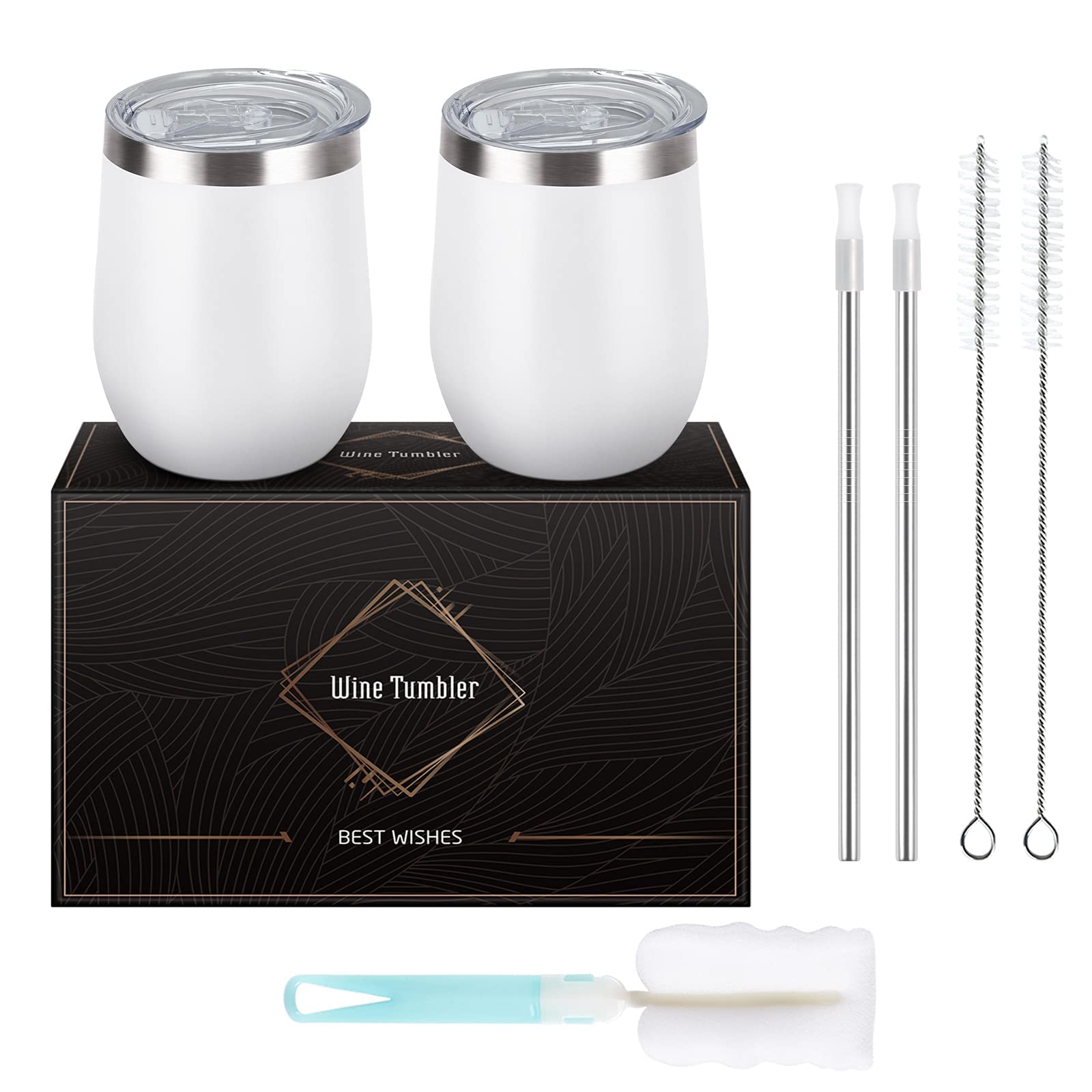 Livole Wine Tumbler Gift Set, Wine Gifts for Women, 12 Oz Stainless Steel Wine Glass with Lid Straw, 2 Pack Stemless Travel Coffee Mug Cup for Home use, Wine, Drinks, Champagne, Cocktails, 2 White