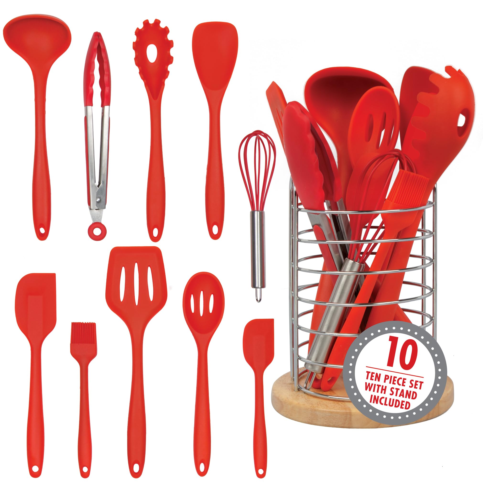 Silicone Kitchen Cooking Utensils w Bamboo Holder- 10 Pc Gourmet Non-Stick, Heat Resistant, Premium Kitchen Tools Set- Spatula, Spoon, Slotted Spoon, Tongs, Basting Brush, Whisk, Ladle- Host Gift