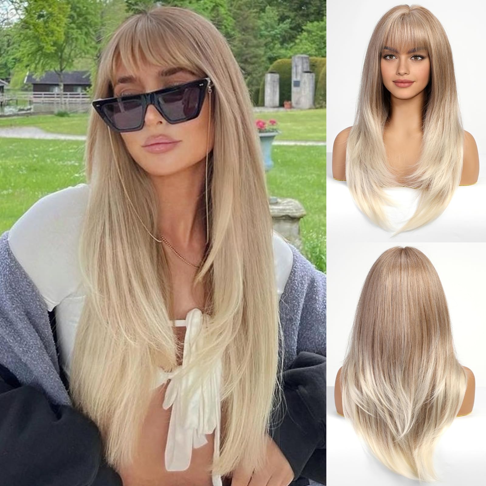 EMMOR Long Ombre Light Mixed Blonde Wigs for Women Straight Synthetic Layered Wig with Fringe(26" Ombre Light Blonde) โ image 1