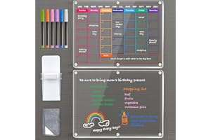 ARCOBIS Acrylic Magnetic Calendar for Fridge, 12" x 16" Clear Set of 2 Fridge Calendar with 6 Markers, 1 Pen Holder, Reusable Dry Erase Board for Kitchen, Meal Planner Fridge Whiteboard