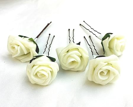 5 Ivory Artificial Roses Hair Flower Pins Amazon Co Uk Kitchen