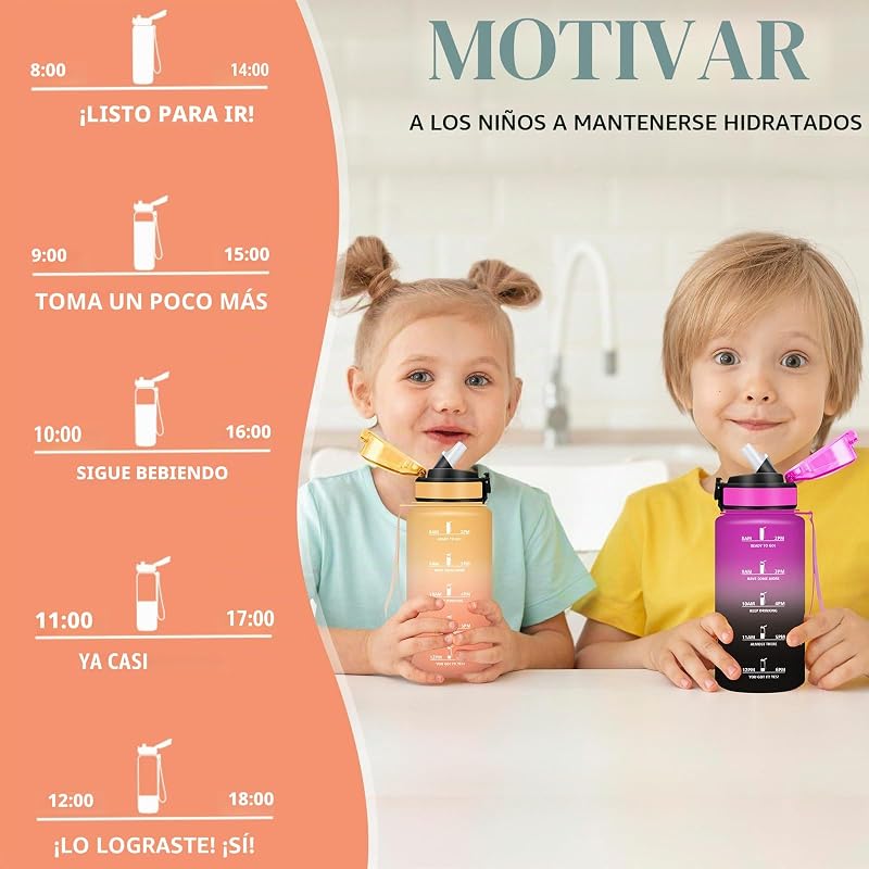 Garrafa de água, cantil infantil de 500ml, à prova de fugas, garrafa de água para crianças em idade escolar, com slogan motivador, fácil de limpar, cantil com palha, para a escola, cantina, campismo, corrida