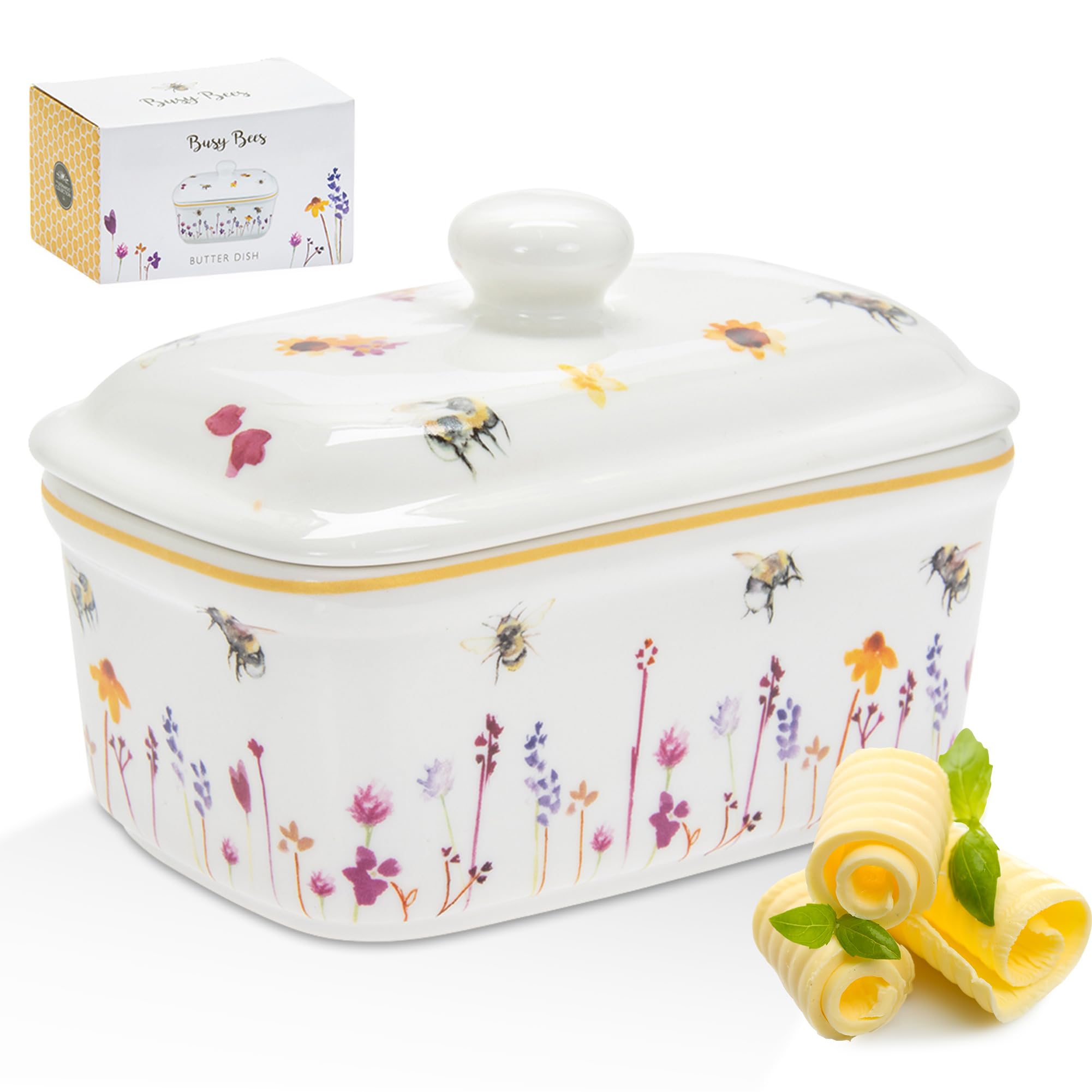 The Leonardo Collection Jennifer Rose Gallery Busy Bees Butter Dish with Lid | Decorative Ceramic Butter Keeper for Kitchen Use | Charming Bee-Themed Dish for Dining Table Or Gift Giving