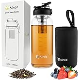 Glass Water Bottles with Stainless Tea Infuser 32oz, BPA-Free, Wide Mouth, Leakproof, Protective Sleeve, Borosilicate Glass for Tea and Fruit Infusions, Durable Travel Companion, Reusable Bottle