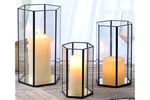 LAMORGIFT 3 Pack Glass Hurricane Candle Holders | Black | Hexagon- 9.8"| 7.87"| 4.7” Black Lanterns Decorative Indoor Outdoor, Vintage Candle Holders for Fall Table Decor, Black Candle Holders for Halloween