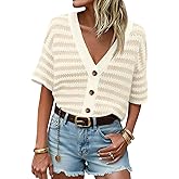 Saodimallsu Womens Short Sleeve Striped Cardigan Sweaters Crochet Knit Button Down Shirts V Neck Spring Summer Tops