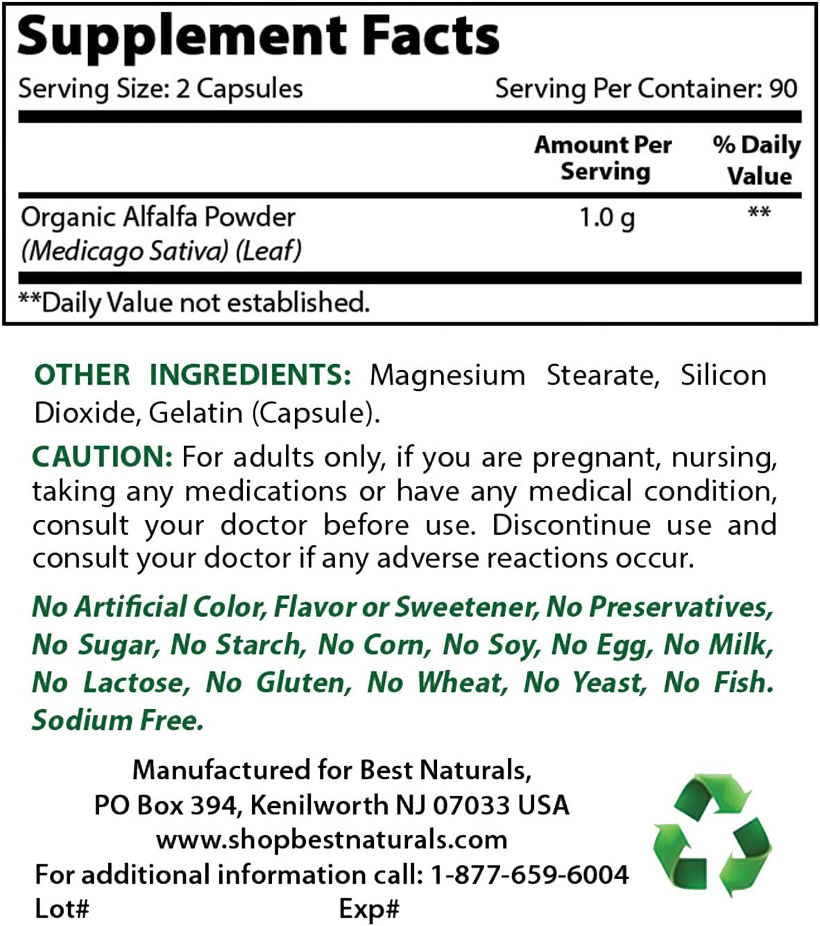 Best Naturals Alfalfa Green Super Food 500 mg 180 Capsules: Health & Personal Care