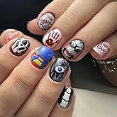 Halloween Short Press on Nails Square Fake Nails Scary Movie Characters Bloody Halloween Glue on Nails False Nails with Designs Holiday Halloween Manicure Art Decorations for Women 24Pcs