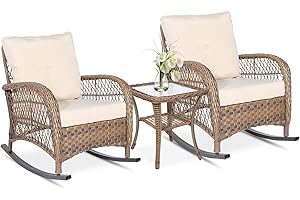 VIVIJASON 3-Piece Outdoor Conversation Bistro Set, Patio Wicker Rocking Chairs Rattan Furniture Sets w/ 2 Rattan Chairs, Cushions, Glass Top Side Table for Garden Porch Backyard