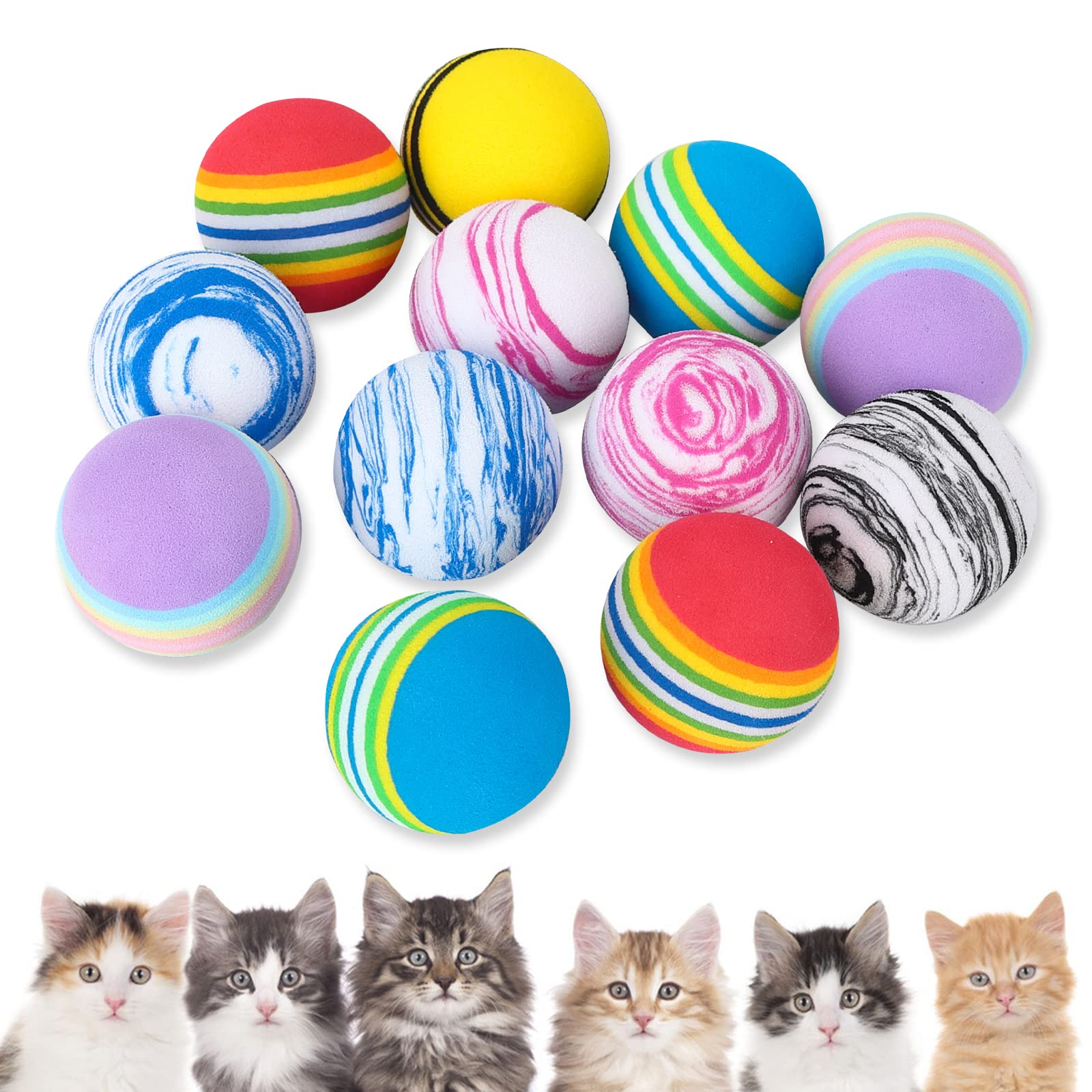 Jodsen 12 Pcs Cat Toys Balls, Interactive Kitten Toys Rainbow Cat Balls, Colorful Foam Balls for Pet Cat Kitten Dog Puppy Chase Training Sports, Indoor Outdoor Activity, Amusement Park(A