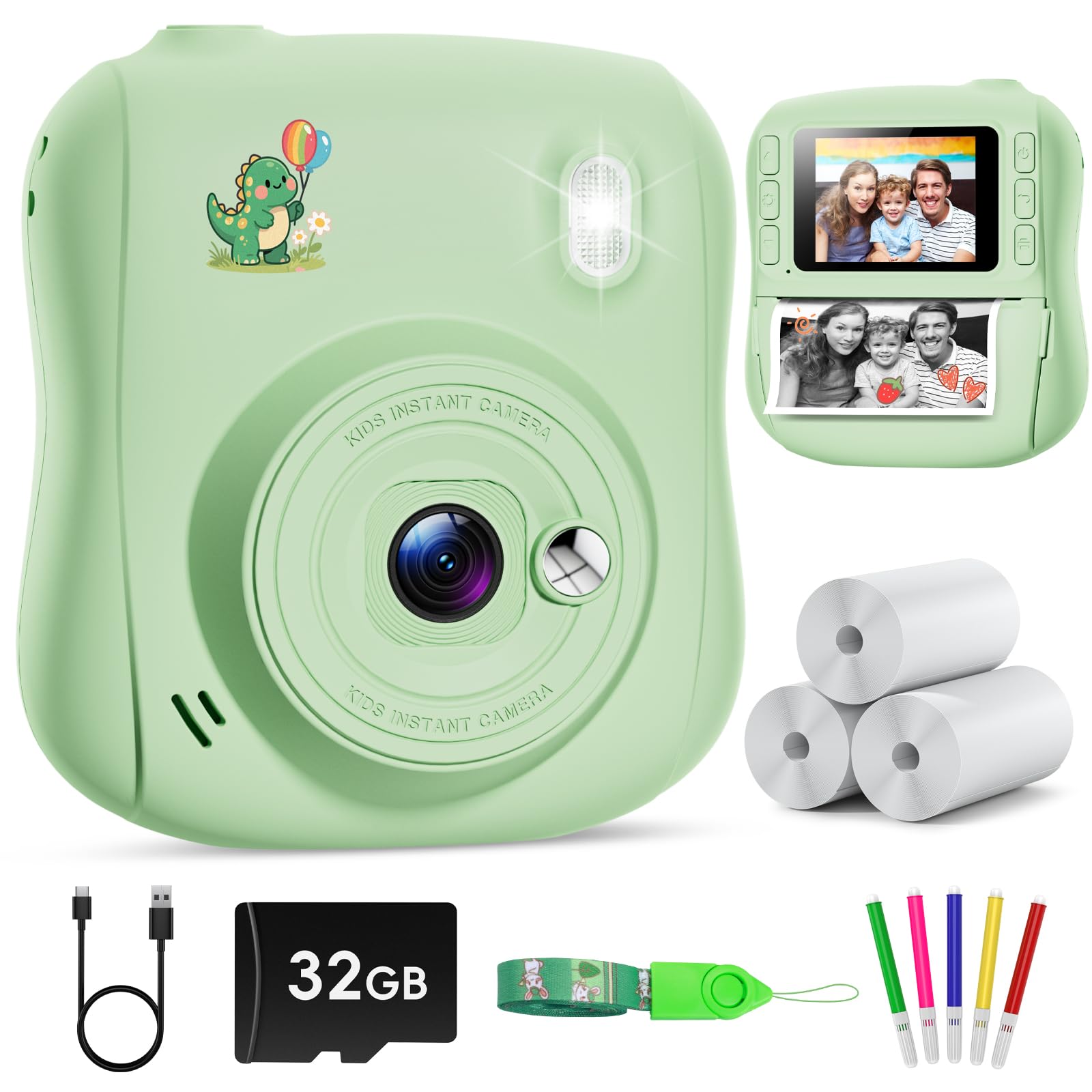 Hangrui Kids Camera Instant Print, HD Instant Camera for Kids with 32GB Card & Print Paper, 14MP 1080P Kids' Digital Cameras, Christmas Birthday Gifts Toy for Girls & Boys Aged 3-10 -Dinosaur
