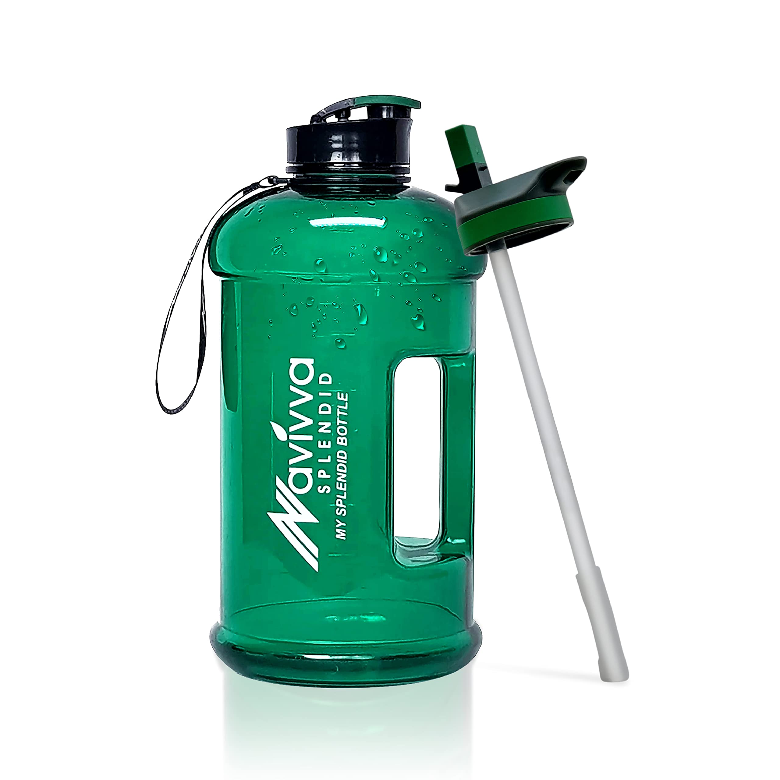 NAVIVVA SPLENDID 2.2 Litre Large Reusable Gym Water Bottle with Straw Lid, Dishwasher Safe, BPA Free Tritan Plastic, Portable, Eco-friendly with Carry Handle (Emerald Green)