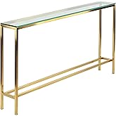 Cortesi Home Juan Console Table, Skinny 56" x 8", Brushed Gold Color with Clear 10mm Glass,CH-AT656930