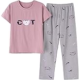 Vopmocld Big Girls' Short Sleeve Long Pants Pajama Sets 2PCS Cartoon Pattern & Letters Printed Sleepwear Lounge for Teens
