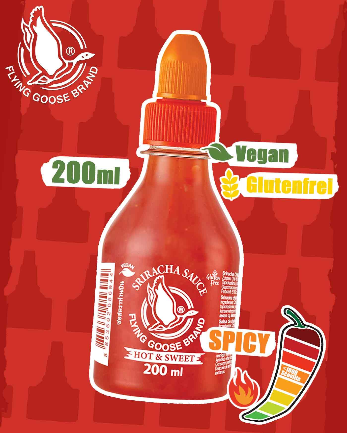 FLYING GOOSE Sriracha Chilisauce, scharf & süß, orange Kappe, scharfe Würzsauce aus Thailand, vegan, glutenfrei, 1 x 200 ml 2