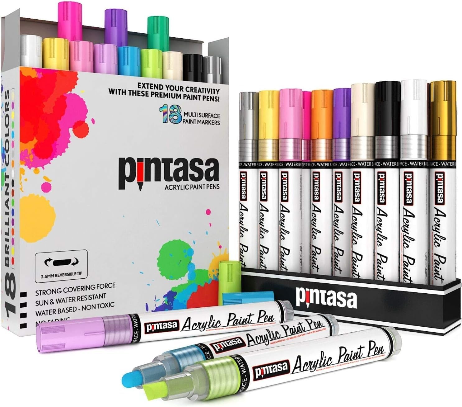 PINTASA Acrylic Paint Pens Set of 18 – Professional Acrylic Markers & Felt Tip Pens for Canvas, Fabric, Glass, Wood & Ceramic | Water Based Paint Pens for Everyone