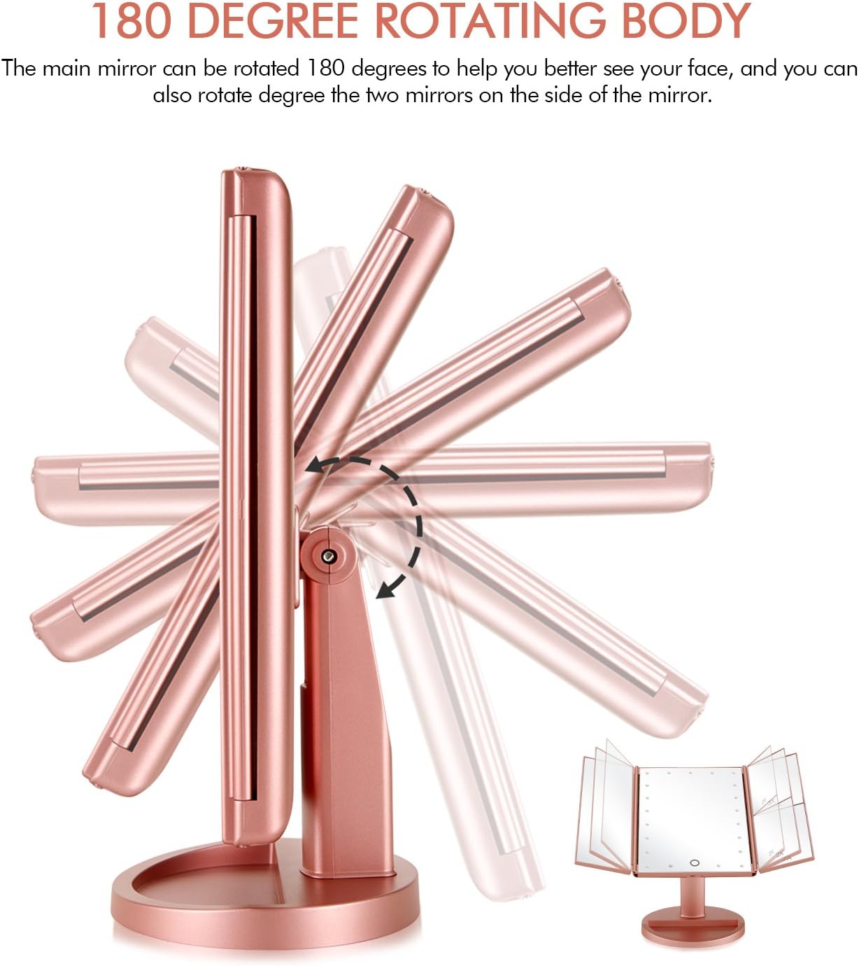 Flymiro Tri-fold Lighted Vanity Makeup Mirror with 3x/2x Magnification,21 LEDs Light and Touch Screen,180 Degree Free Rotation Countertop Cosmetic Mirror,Travel Makeup Mirror (Rose Gold): Home & Kitchen