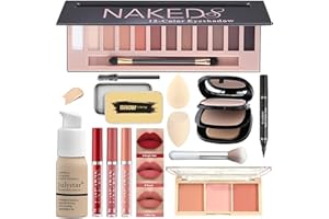 Qiong All in One Makeup Kit Full 12 Colors Naked Eyeshadow,2 Color Compact Powder,Liquid Foundation,Lipsticks, Blush,Eyebrow Soap,Winged Eyeliner Stamp,Makeup Gift Set for Women, Teens & Girls(Naked)